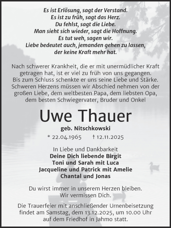Traueranzeige von Uwe Thauer von Trauerkombi Wittenberg