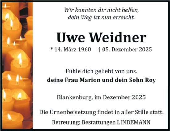 Traueranzeige von Uwe Weidner von Volksstimme Wernigerode