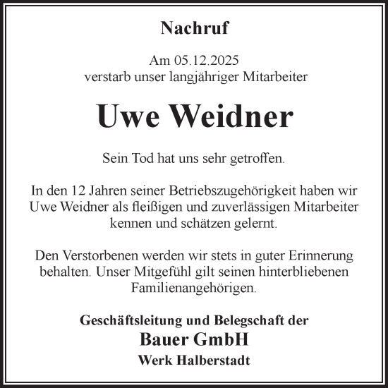 Traueranzeige von Uwe Weidner von Volksstimme Wernigerode