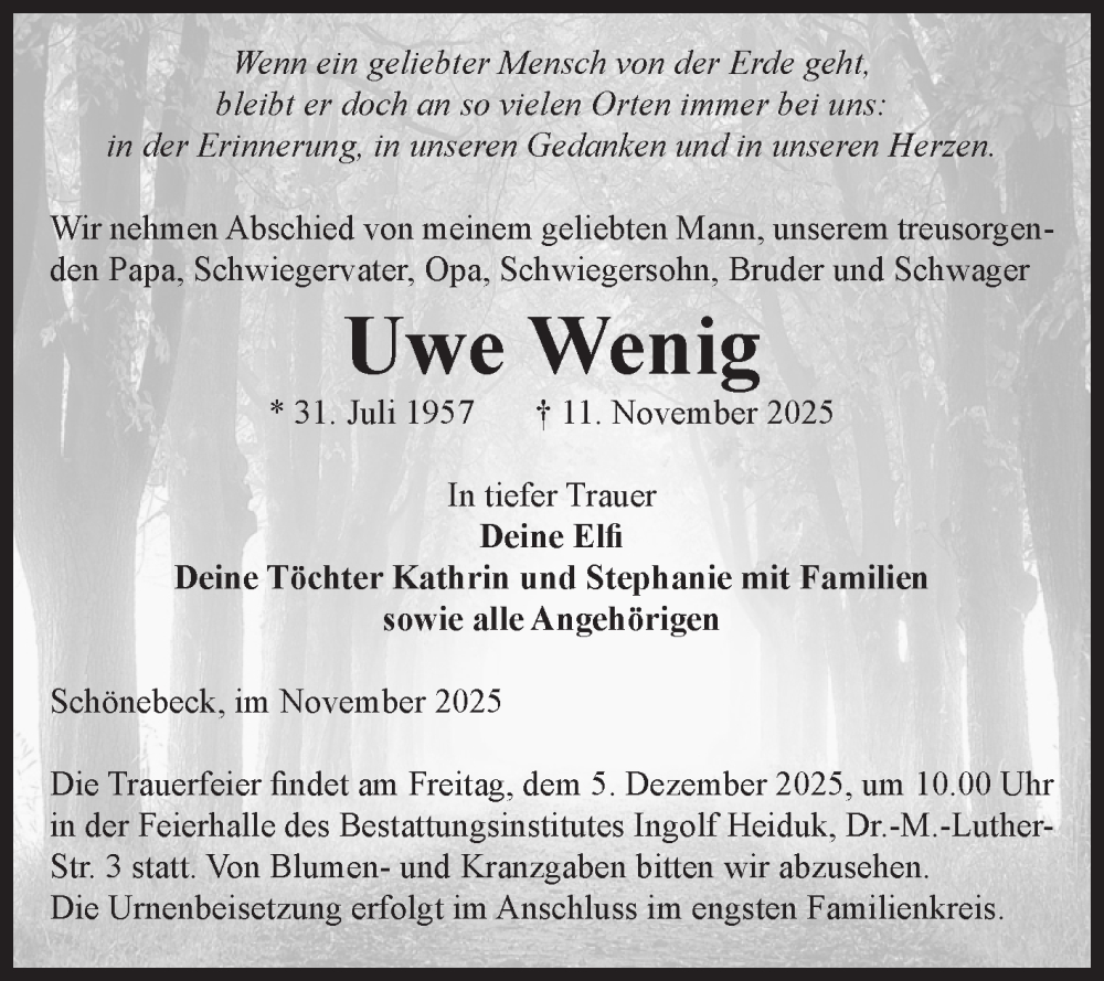  Traueranzeige für Uwe Wenig vom 29.11.2025 aus Volksstimme Schönebeck
