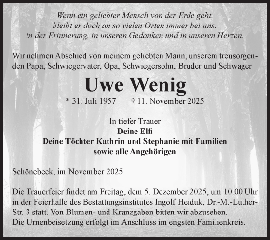 Traueranzeige von Uwe Wenig von Volksstimme Schönebeck