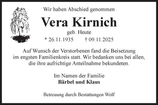 Traueranzeige von Vera Kirnich von Volksstimme Wernigerode