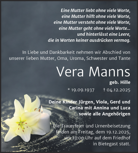 Traueranzeige von Vera Manns von Trauerkombi Wittenberg