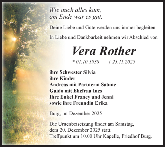 Traueranzeige von Vera Rother von Volksstimme Burg/Genthin