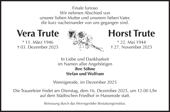 Traueranzeige von Vera Trute von Volksstimme Wernigerode