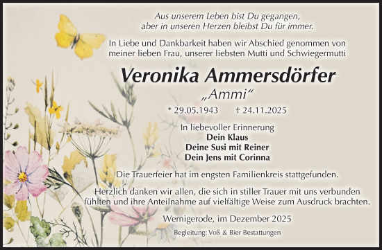 Traueranzeige von Veronika Ammersdörfer von Volksstimme Wernigerode