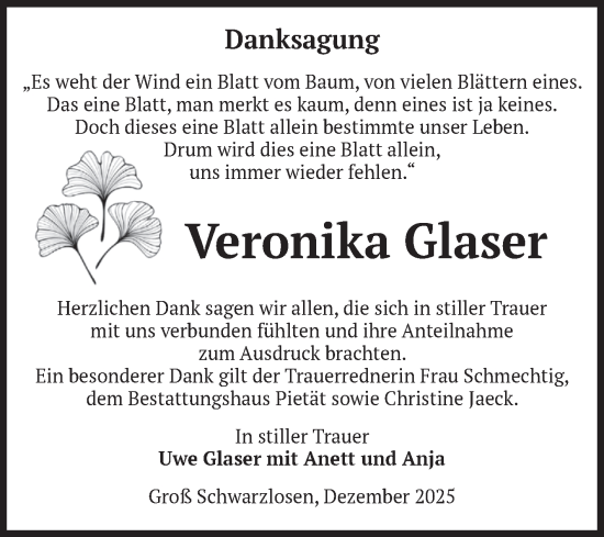 Traueranzeige von Veronika Glaser von Volksstimme Altmark Ost