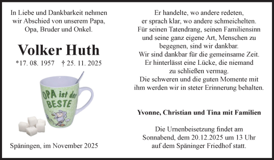 Traueranzeige von Volker Huth von Volksstimme Altmark Ost