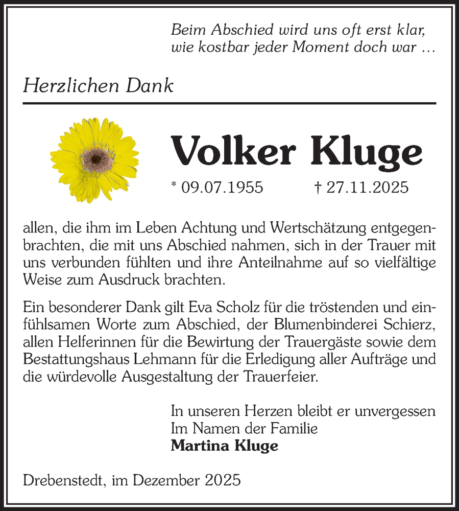  Traueranzeige für Volker Kluge vom 23.12.2025 aus Volksstimme Altmark West