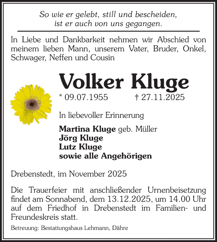  Traueranzeige für Volker Kluge vom 29.11.2025 aus Volksstimme Altmark West