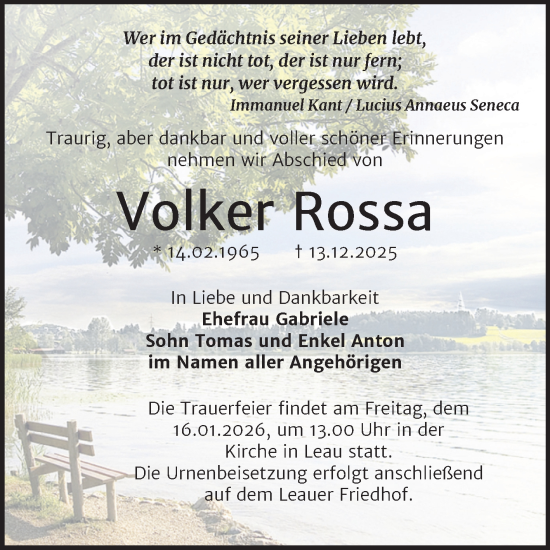 Traueranzeige von Volker Rossa von Trauerkombi Bernburg