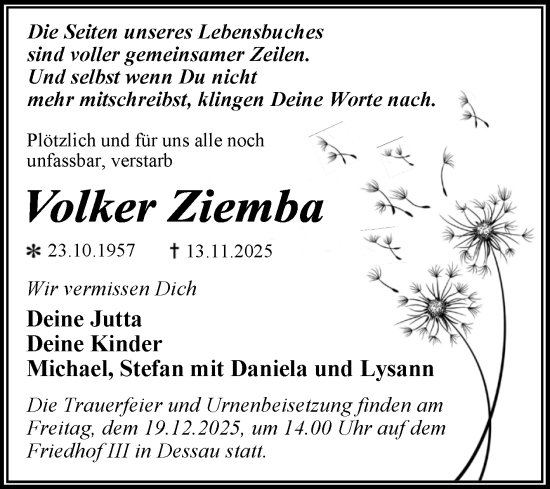 Traueranzeige von Volker Ziemba von Trauerkombi Dessau