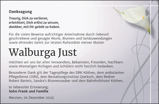 Traueranzeige von Walburga Just von Trauerkombi Köthen