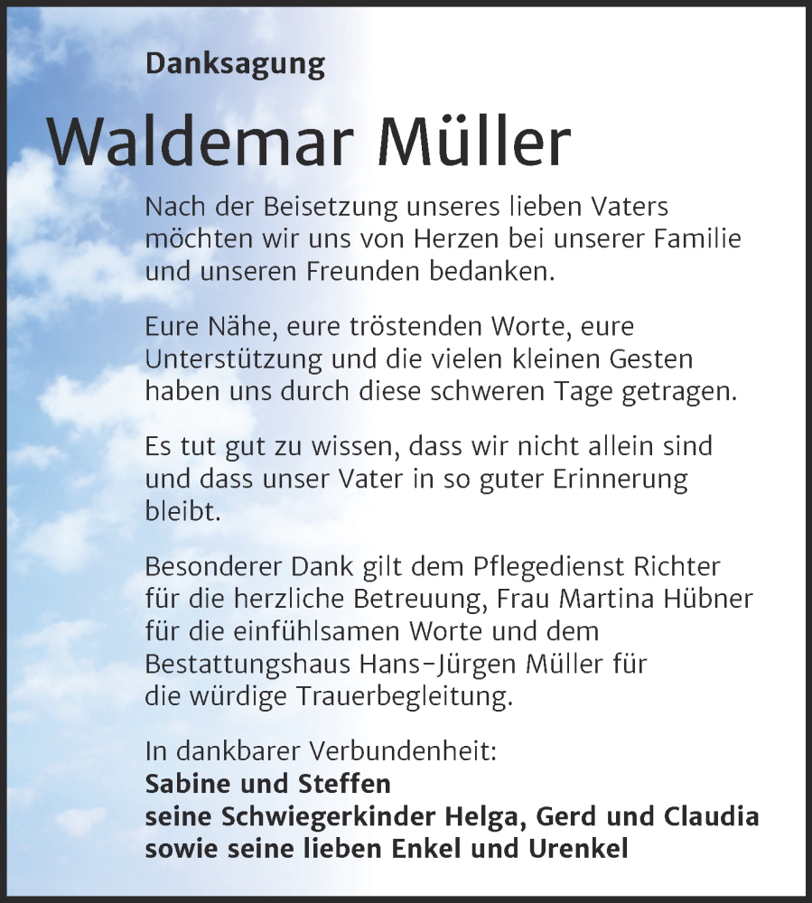  Traueranzeige für Waldemar Müller vom 13.12.2025 aus Trauerkombi Aschersleben