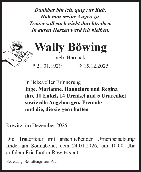 Traueranzeige von Wally Böwing von Volksstimme Altmark West