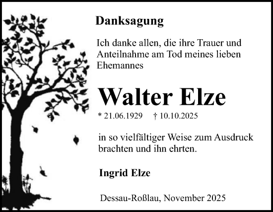 Traueranzeige von Walter Elze von Trauerkombi Dessau