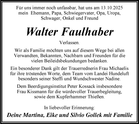 Traueranzeige von Walter Faulhaber von Trauerkombi Wittenberg