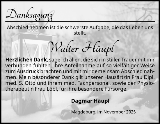 Traueranzeige von Walter Häupl von Volksstimme Magdeburg