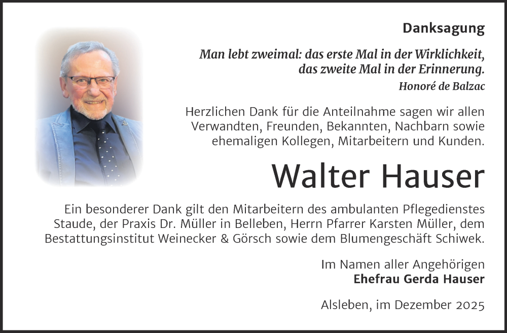  Traueranzeige für Walter Hauser vom 27.12.2025 aus Trauerkombi Bernburg