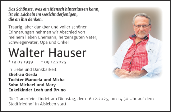 Traueranzeige von Walter Hauser von Trauerkombi Bernburg