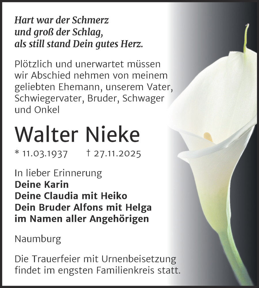  Traueranzeige für Walter Nieke vom 06.12.2025 aus Super Sonntag Naumburg/Nebra