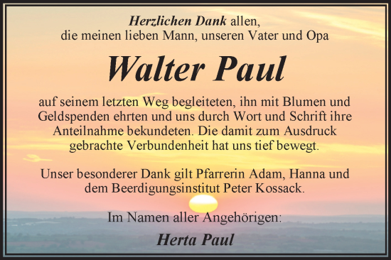 Traueranzeige von Walter Paul von Trauerkombi Wittenberg
