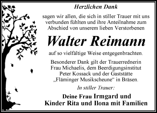 Traueranzeige von Walter Reimann von Trauerkombi Wittenberg
