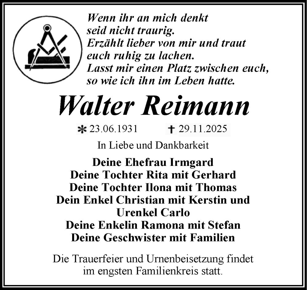  Traueranzeige für Walter Reimann vom 06.12.2025 aus Trauerkombi Wittenberg