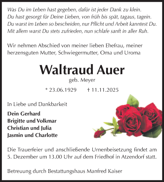 Traueranzeige von Waltraud Auer von Volksstimme Staßfurt
