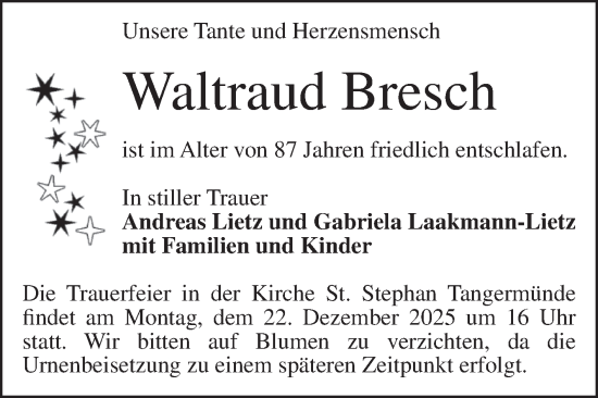 Traueranzeige von Waltraud Bresch von Volksstimme Altmark Ost