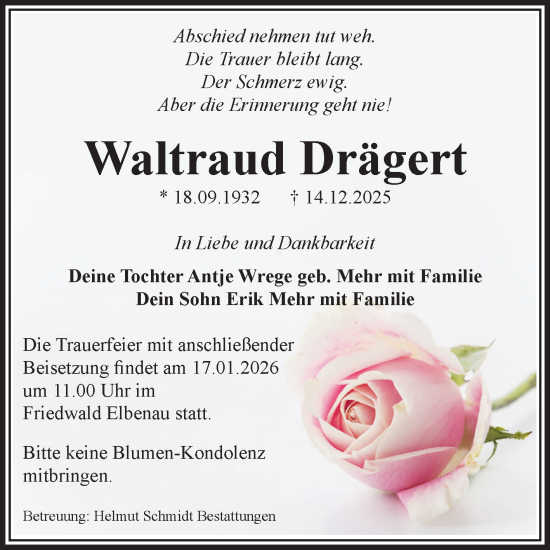 Traueranzeige von Waltraud Drägert von Volksstimme Schönebeck