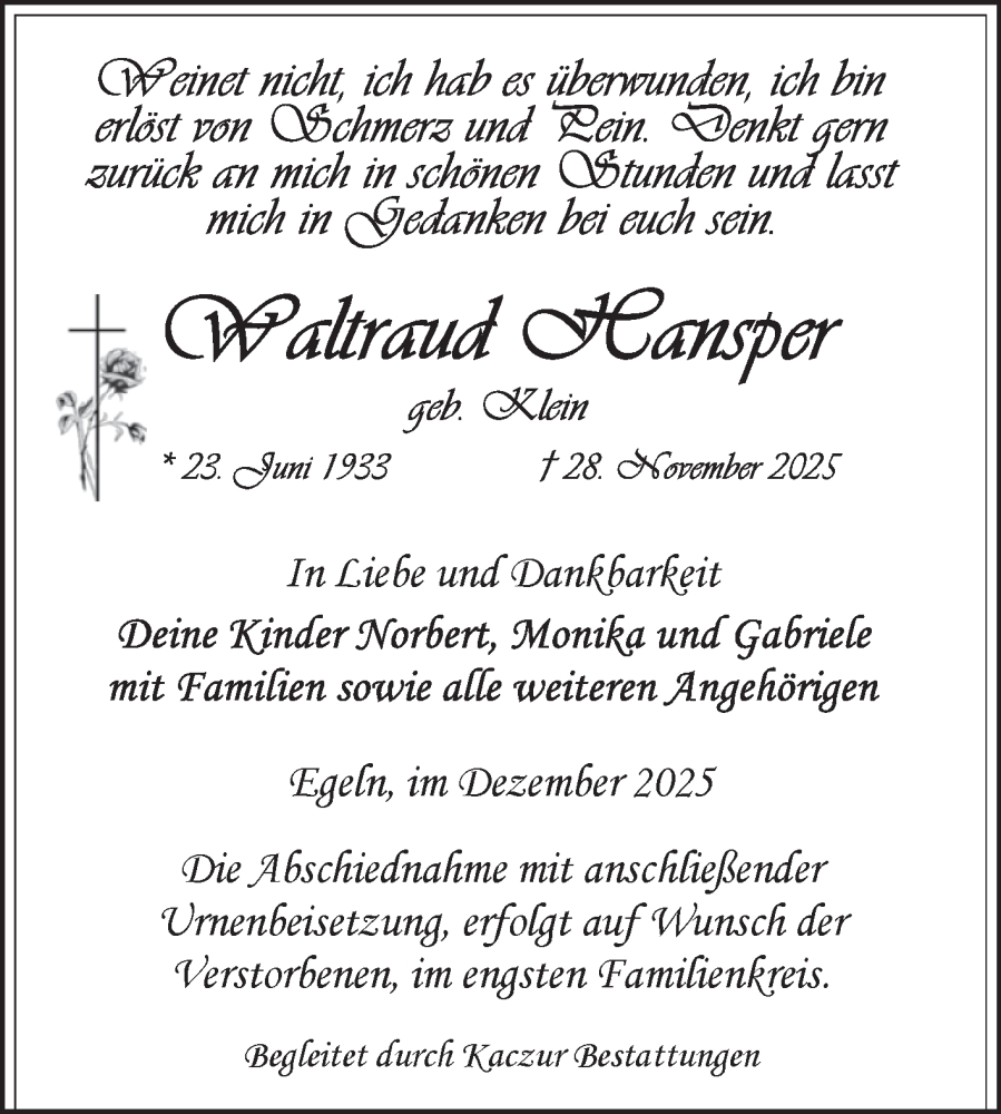  Traueranzeige für Waltraud Hansper vom 06.12.2025 aus Volksstimme Staßfurt