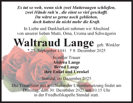 Traueranzeige von Waltraud Lange von Volksstimme Altmark Ost