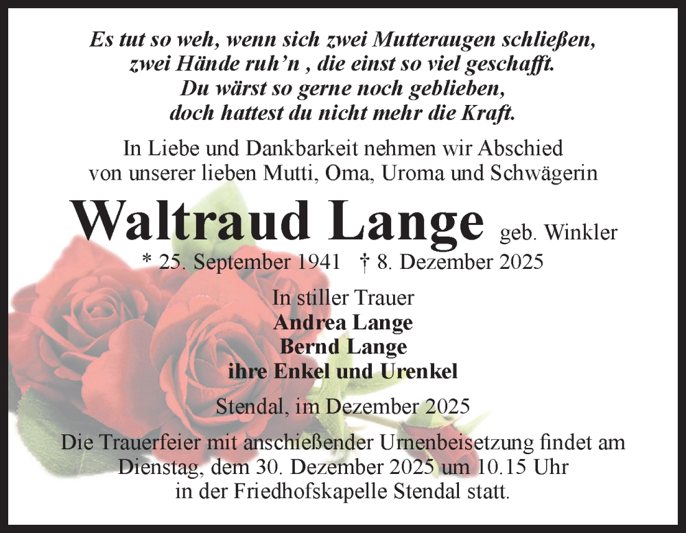  Traueranzeige für Waltraud Lange vom 20.12.2025 aus Volksstimme Altmark Ost