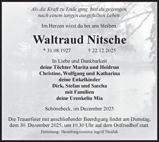 Traueranzeige von Waltraud Nitsche von Volksstimme Schönebeck