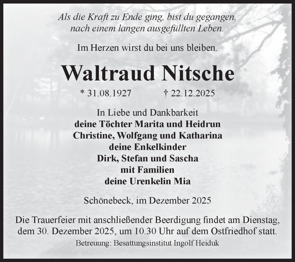  Traueranzeige für Waltraud Nitsche vom 27.12.2025 aus Volksstimme Schönebeck