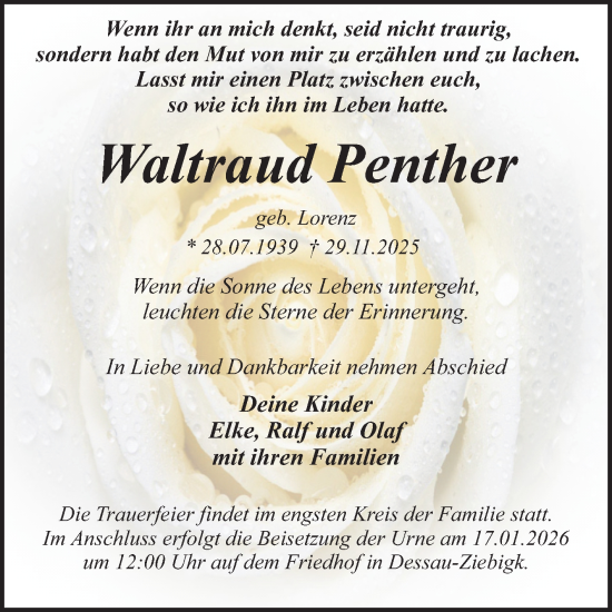 Traueranzeige von Waltraud Penther von Trauerkombi Dessau