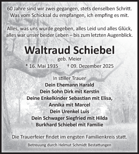 Traueranzeige von Waltraud Schiebel von Volksstimme Magdeburg