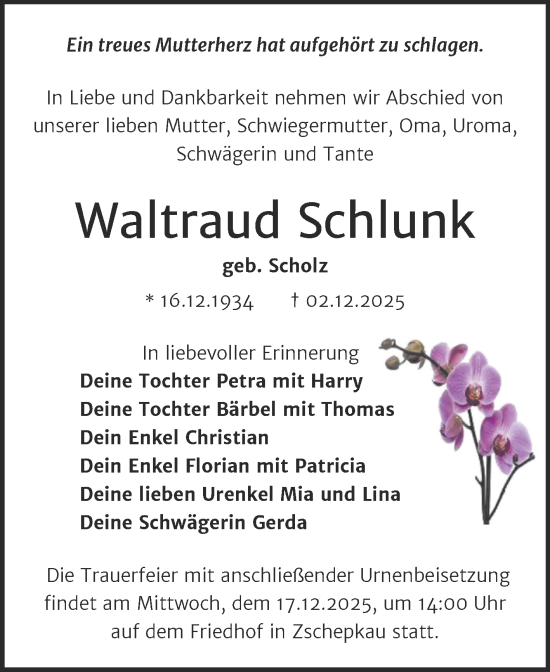 Traueranzeige von Waltraud Schlunk von Trauerkombi Bitterfeld