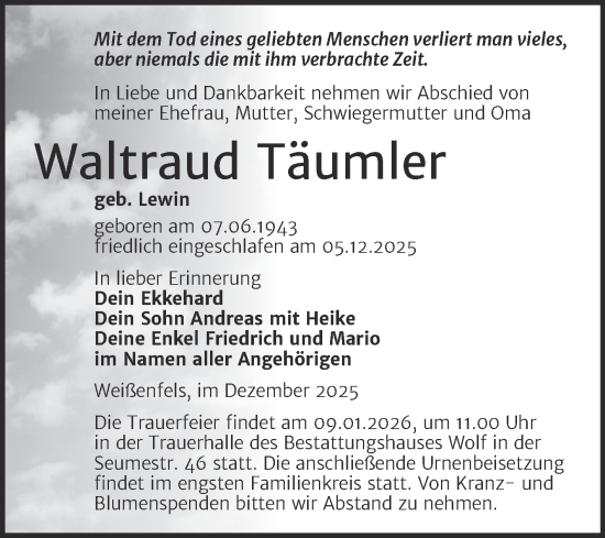 Traueranzeige von Waltraud Täumler von Trauerkombi Weißenfels