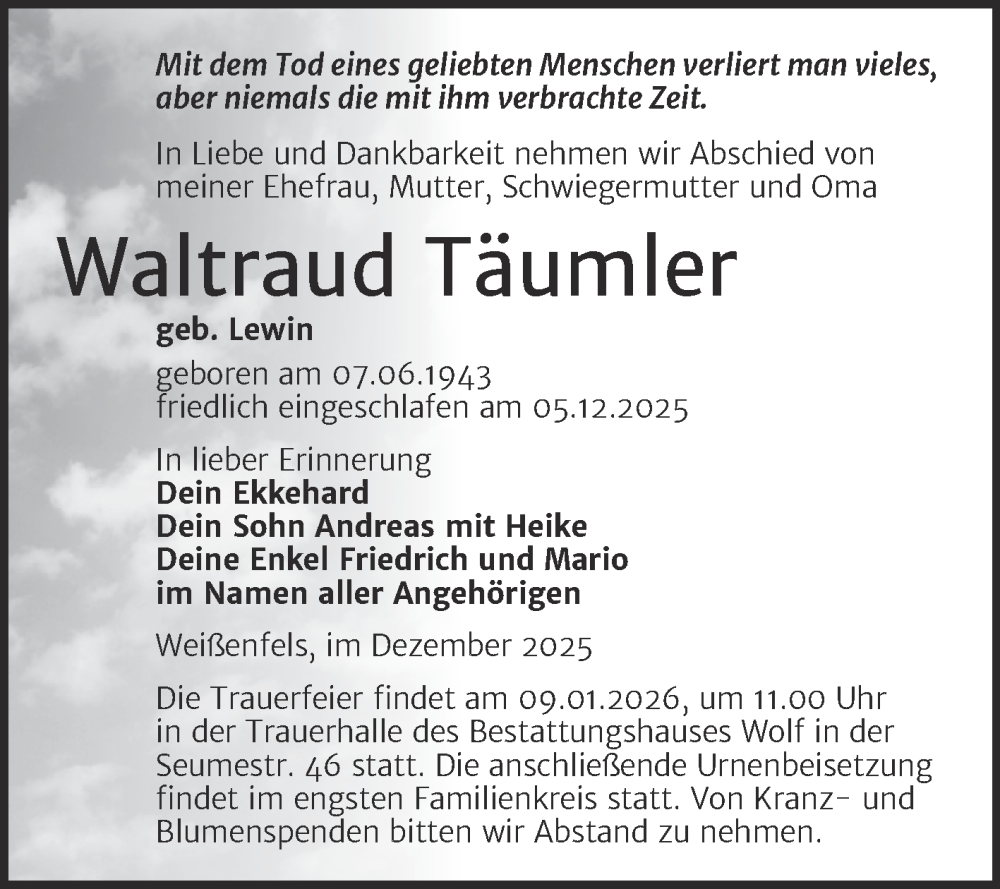  Traueranzeige für Waltraud Täumler vom 20.12.2025 aus Trauerkombi Weißenfels