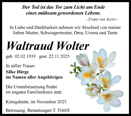 Traueranzeige von Waltraud Wolter von Volksstimme Wernigerode