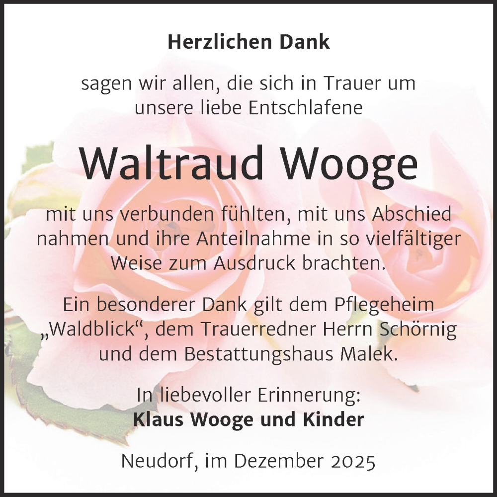  Traueranzeige für Waltraud Wooge vom 20.12.2025 aus Trauerkombi Quedlinburg