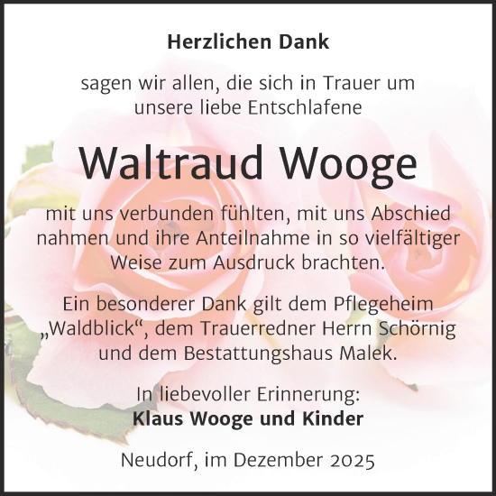 Traueranzeige von Waltraud Wooge von Trauerkombi Quedlinburg