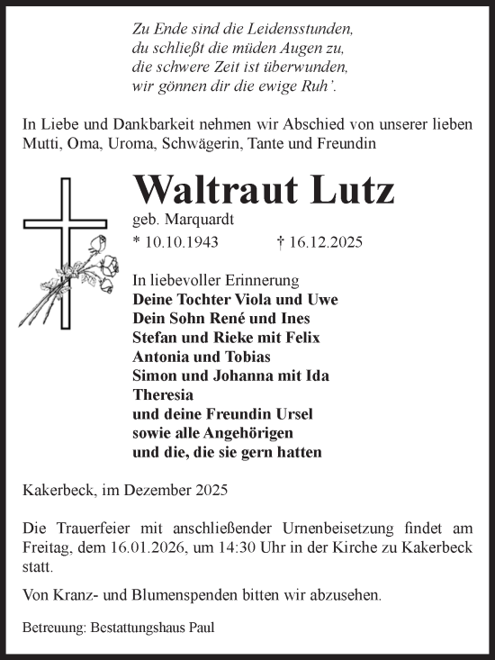 Traueranzeige von Waltraut Lutz von Volksstimme Altmark West