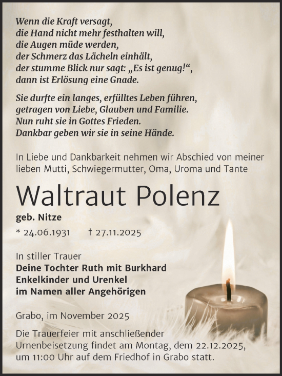 Traueranzeige von Waltraut Polenz von Trauerkombi Wittenberg