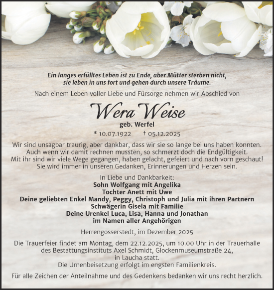 Traueranzeige von Wera Weise von Super Sonntag Naumburg/Nebra