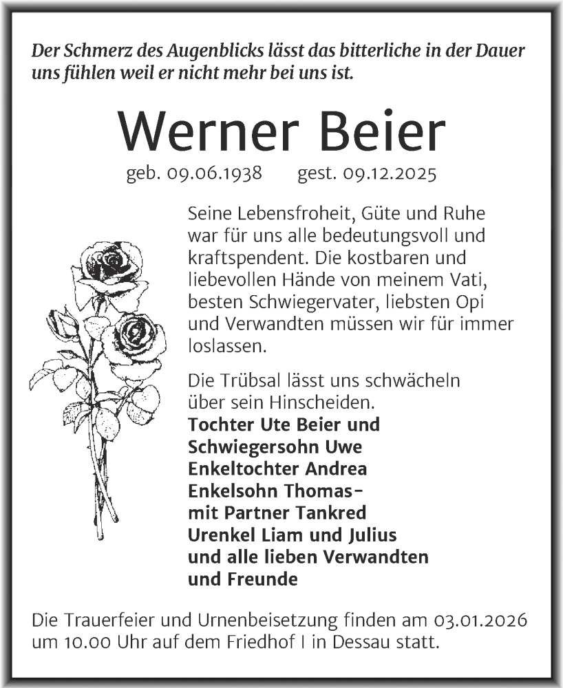 Traueranzeige für Werner Beier vom 20.12.2025 aus Trauerkombi Dessau