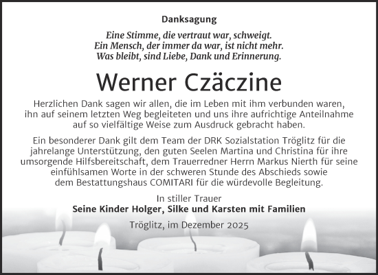 Traueranzeige von Werner Czäczine von Trauerkombi Zeitz