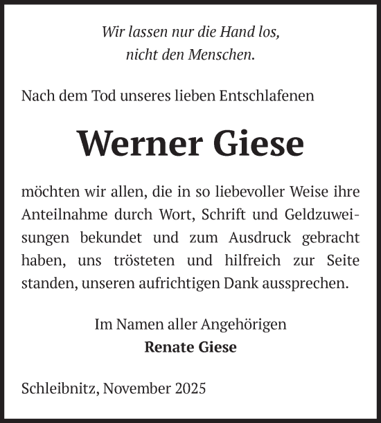 Traueranzeige von Werner Giese von Volksstimme Oschersleben/Wanzleben